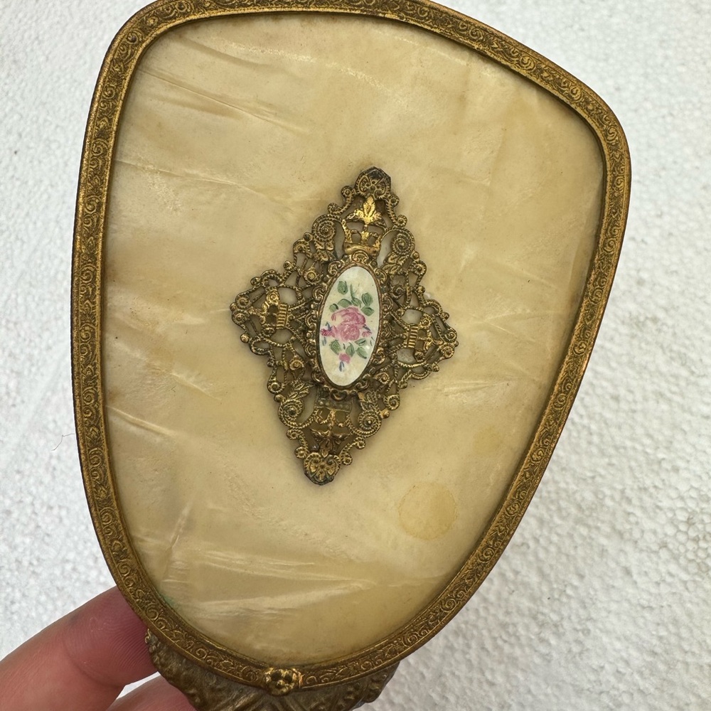 Vintage Victorian Ornate Brass Hair Brush Porcelain Inlay roses - Picture 2 of 6